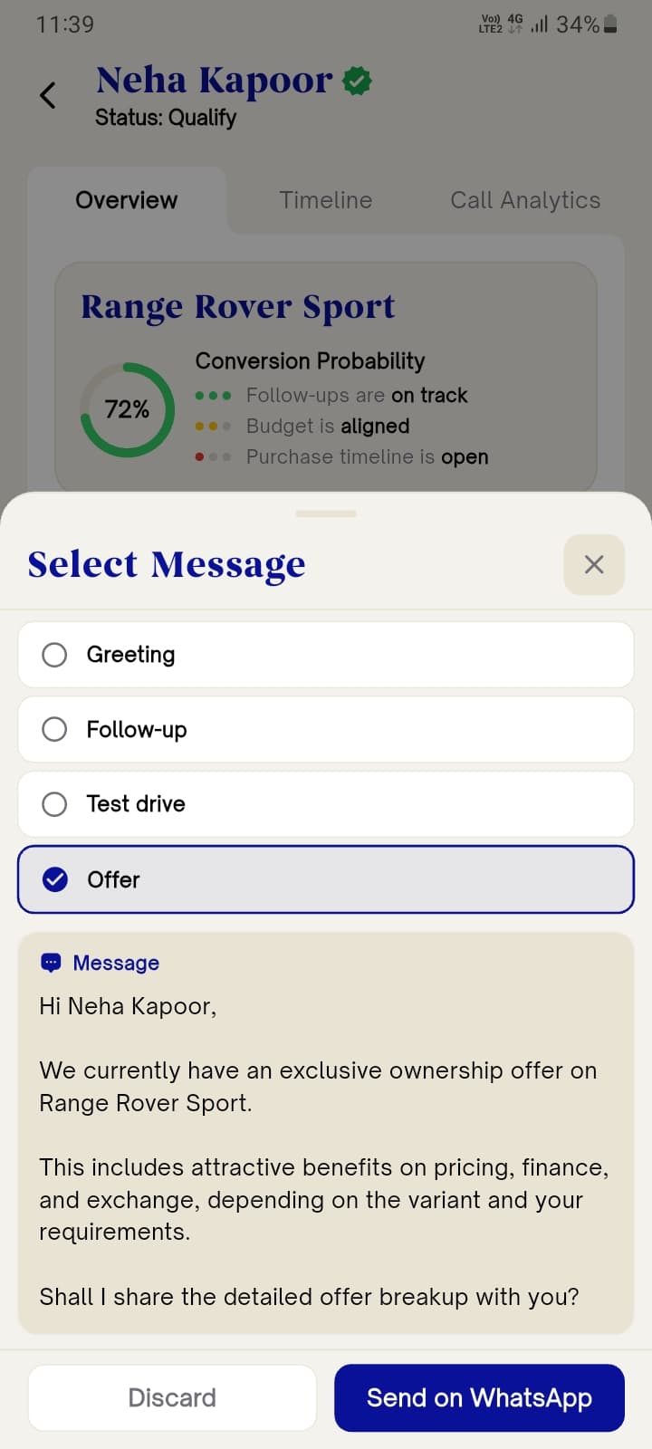 Send a WhatsApp offer template from the customer record